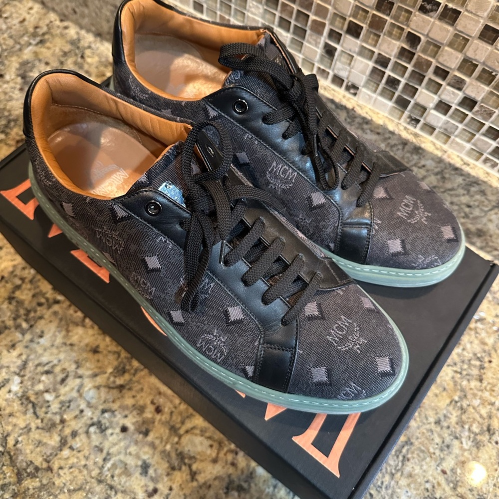 Mcm black and green logo print shoes size 11